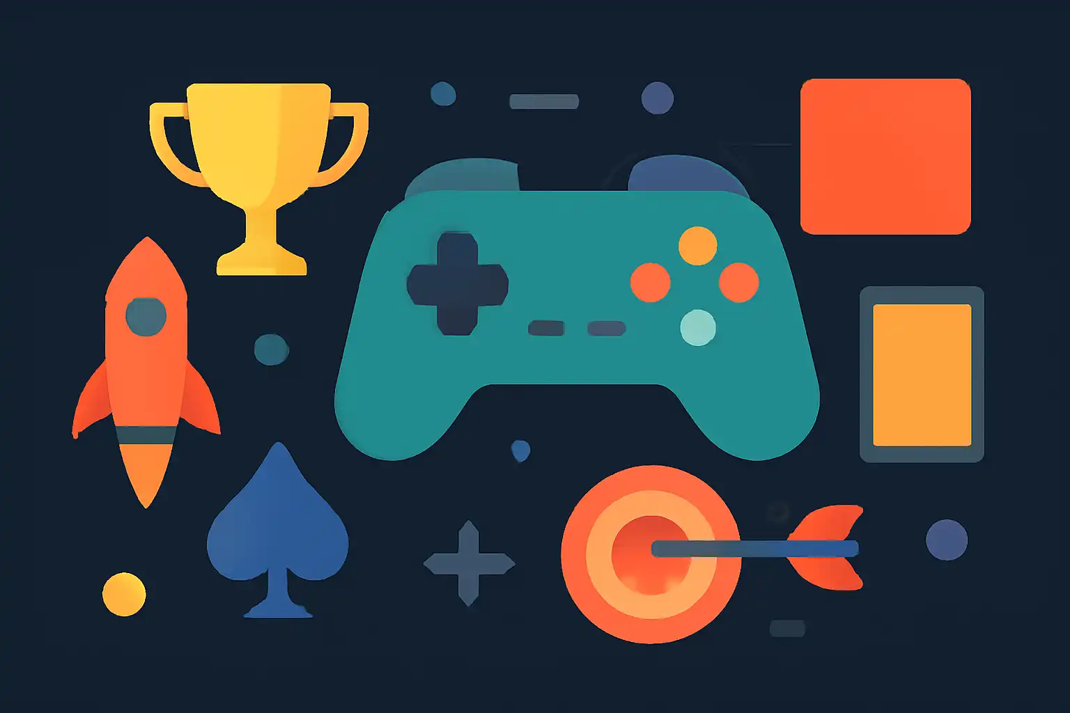 Hero illustration: BDG Game, modern flat design, dark background, brand-neutral, icons and shapes only, no text