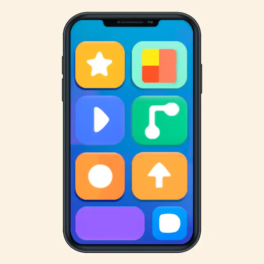 Smartphone shown from the front displaying a colourful flat layout of abstract game icons and rounded tiles (no text, no letters, no labels), BDG Game