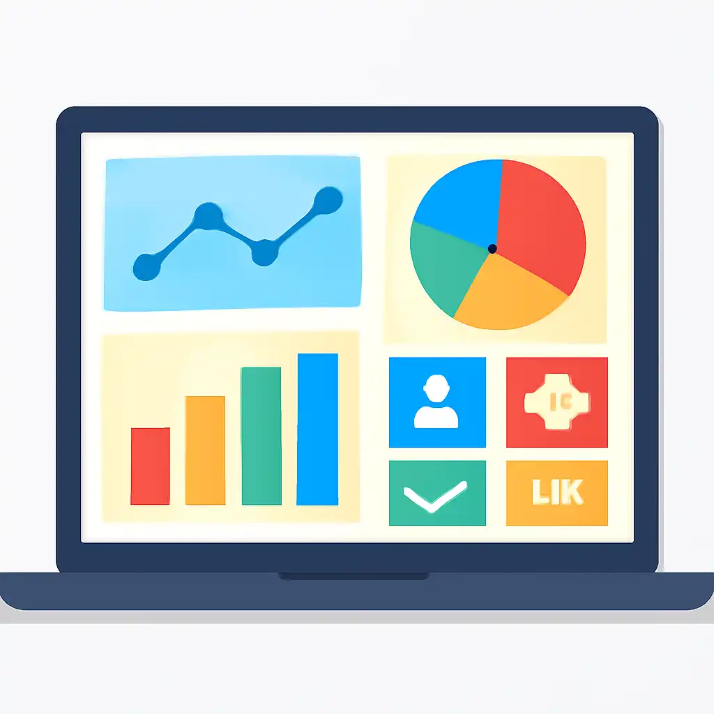 Laptop shown from the front displaying a colourful flat dashboard of abstract charts, bars and icon tiles (no text, no letters, no labels), BDG Game