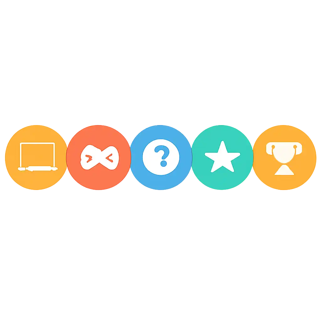 Five numbered circular icons connected by arrows in a horizontal flow, flat illustration, icons only, no words, BDG Game steps