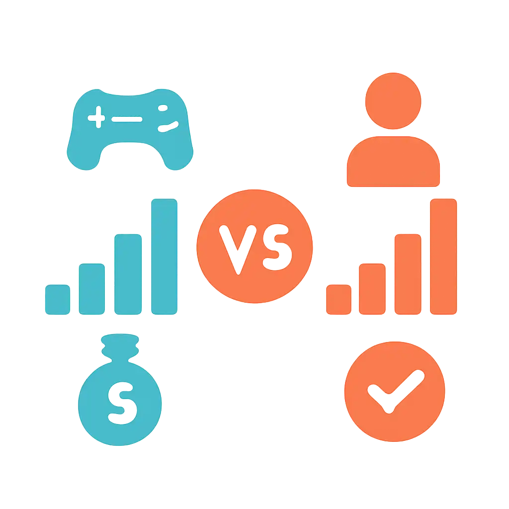 Infographic comparing options using coloured bars and icons only, no text or labels, flat design, BDG Game